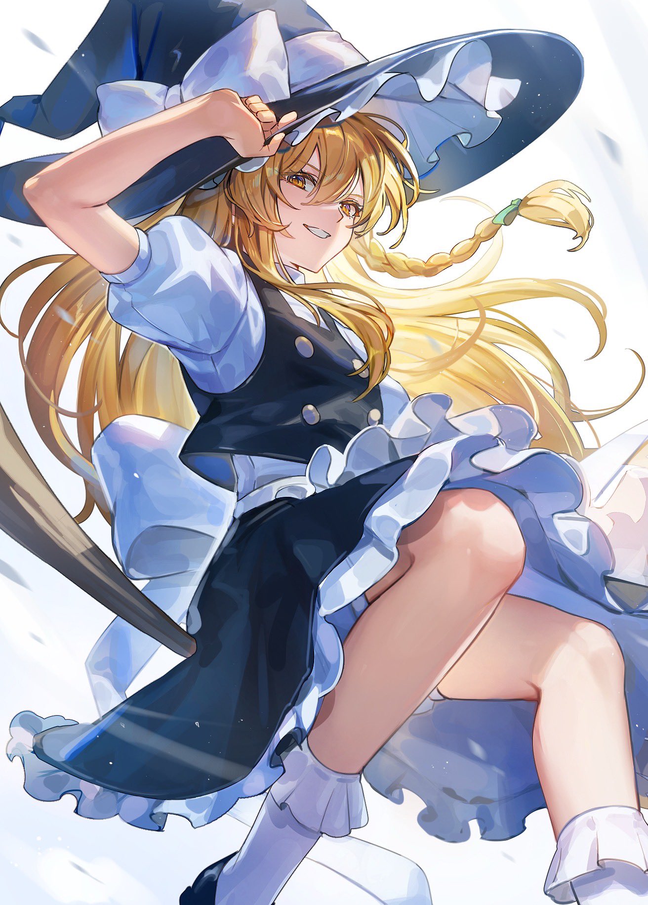 1girl, apron, black_hat, black_skirt, black_vest, blonde_hair, bow, braid