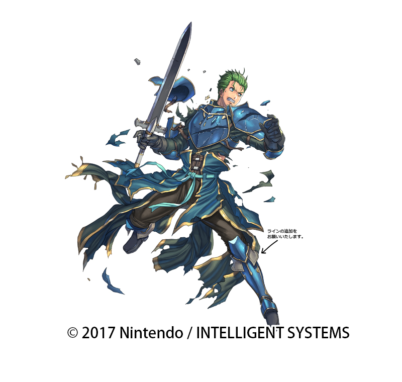 1boy, armor, armored_boots, blue_eyes, boots, broken, broken_armor, broken_sword, broken_weapon, copyright_notice, fire_emblem, fire_emblem:_mystery_of_the_emblem, fire_emblem_heroes, full_body, gloves, green_hair, holding, holding_weapon, izuka_daisuke, luke_(fire_emblem), male_focus, official_art, pants, pauldrons, shoulder_armor, solo, sword, torn_clothes, weapon, white_background
