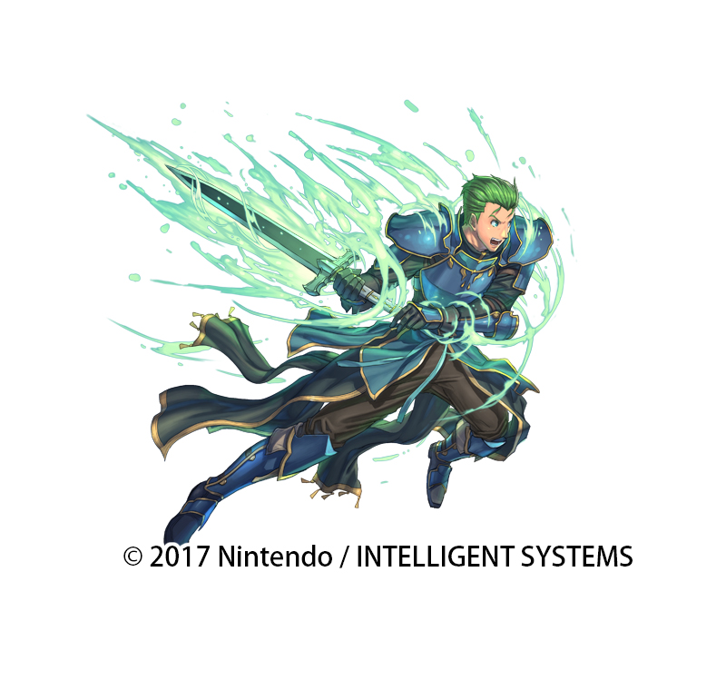 1boy, arm_guards, armor, armored_boots, blue_eyes, boots, copyright_notice, fire_emblem, fire_emblem:_mystery_of_the_emblem, fire_emblem_heroes, full_body, gloves, green_hair, holding, holding_sword, holding_weapon, izuka_daisuke, luke_(fire_emblem), male_focus, official_art, open_mouth, pants, pauldrons, shoulder_armor, solo, sword, teeth, weapon, white_background