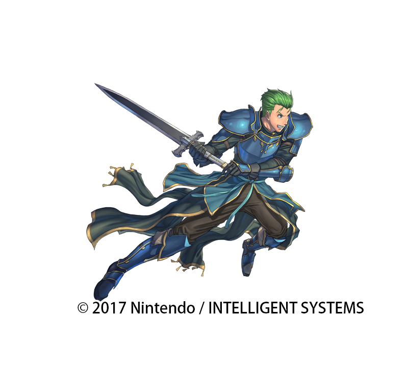 1boy, arm_guards, armor, armored_boots, blue_eyes, boots, copyright_notice, fire_emblem