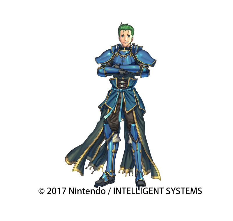 1boy, arm_guards, armor, blue_eyes, copyright_notice, crossed_arms, fire_emblem, fire_emblem:_mystery_of_the_emblem