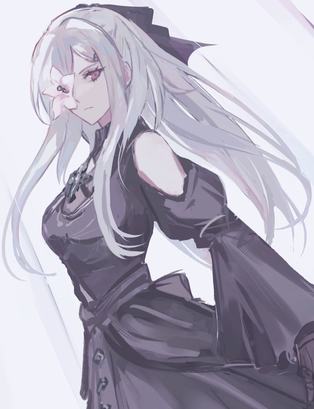 1girl, black_dress, black_sleeves, detached_sleeves, dress, flower_over_eyes, highres, long_hair