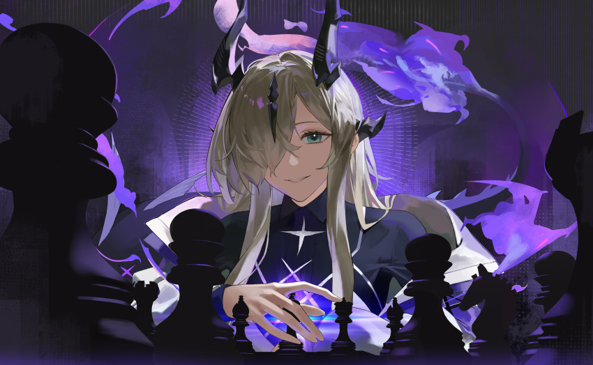 1girl, absurdres, aqua_eyes, arknights, bishop_(chess), black_shirt, blonde_hair, board_game