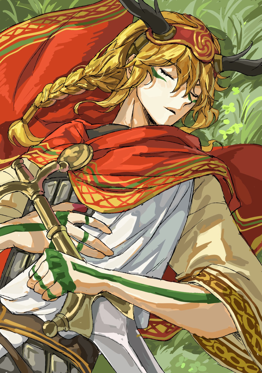 1boy, 9i9abyte, androgynous, blonde_hair, body_markings, braid, cape, closed_eyes