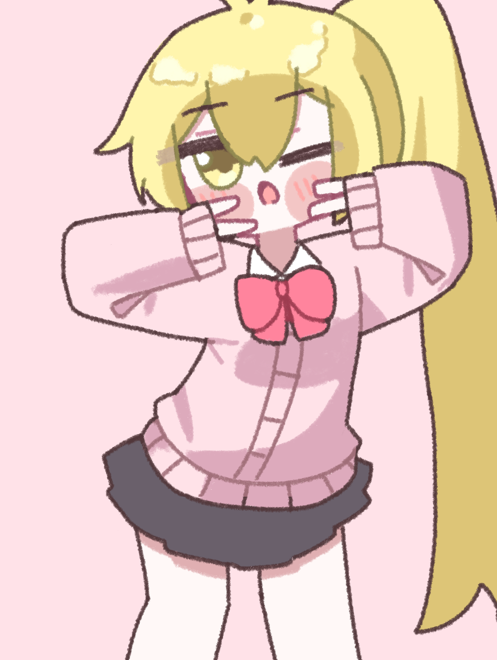 1girl, akita_neru, babava, black_skirt, blonde_hair, blush_stickers, bow, bowtie, cardigan, chibi, double_v, hair_between_eyes, highres, korean_commentary, looking_at_viewer, one_eye_closed, open_mouth, pink_background, pink_cardigan, ponytail, red_bow, red_bowtie, simple_background, skirt, solo, v, vocaloid, yellow_eyes, zako_(vocaloid)