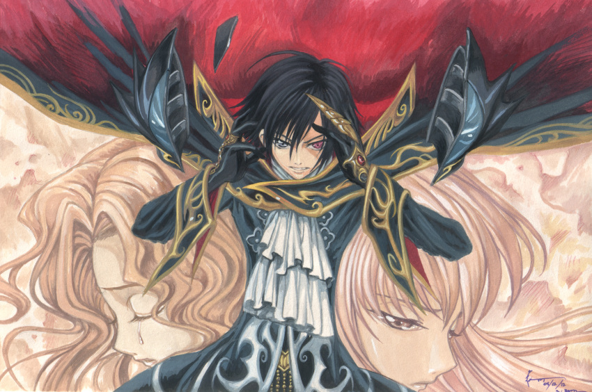 1boy, 2girls, absurdres, ascot, black_cape, black_coat, black_gloves, black_hair