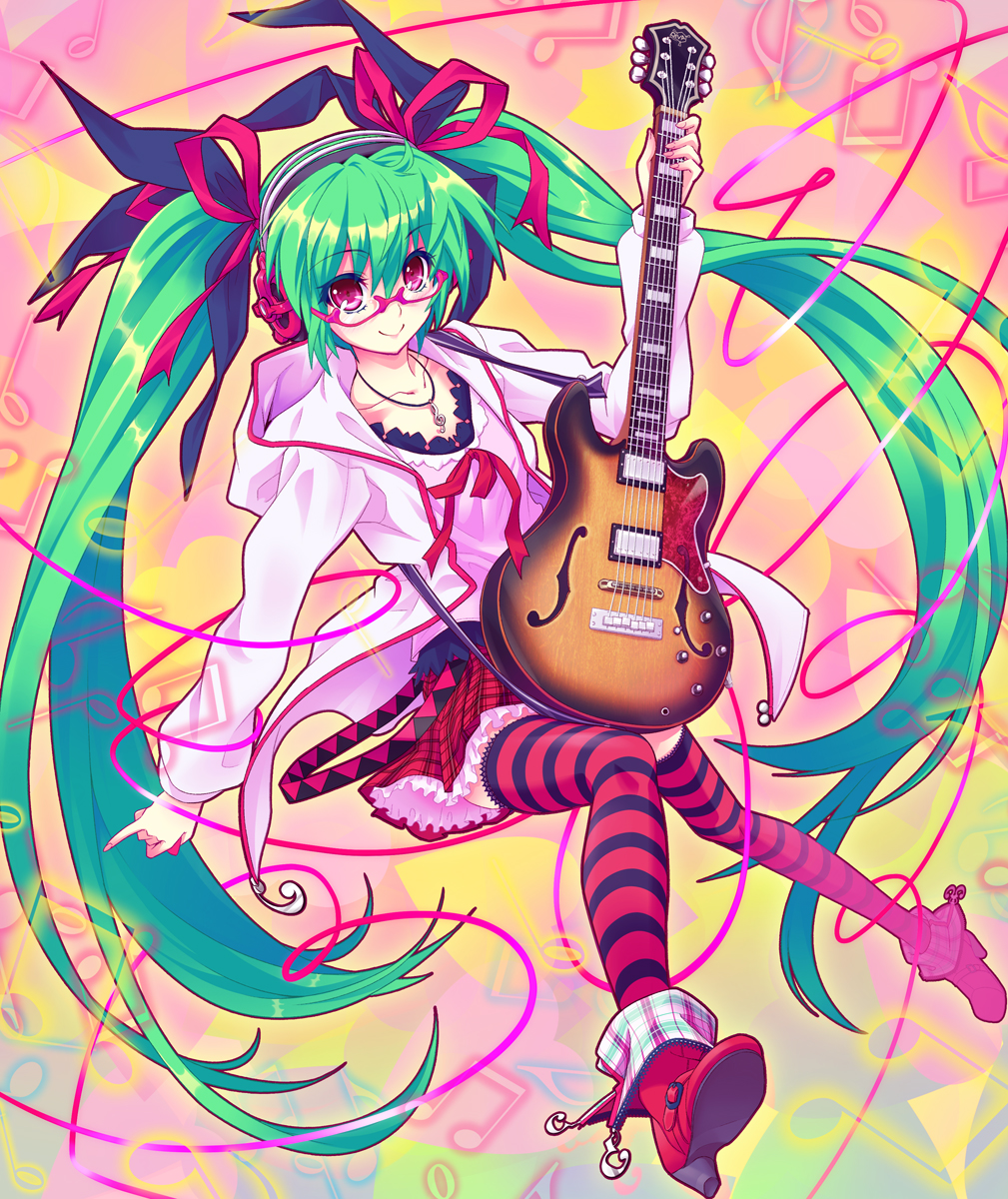 1girl, aqua_hair, guitar, hatsune_miku, headphones, highres, instrument, kocchi_muite_baby_(vocaloid)