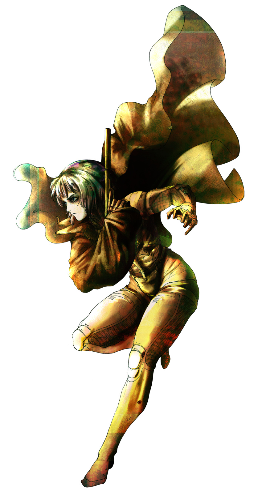 1girl, absurdres, analogous_colors, android, aqua_eyes, arm_across_chest, arm_up, bags_under_eyes