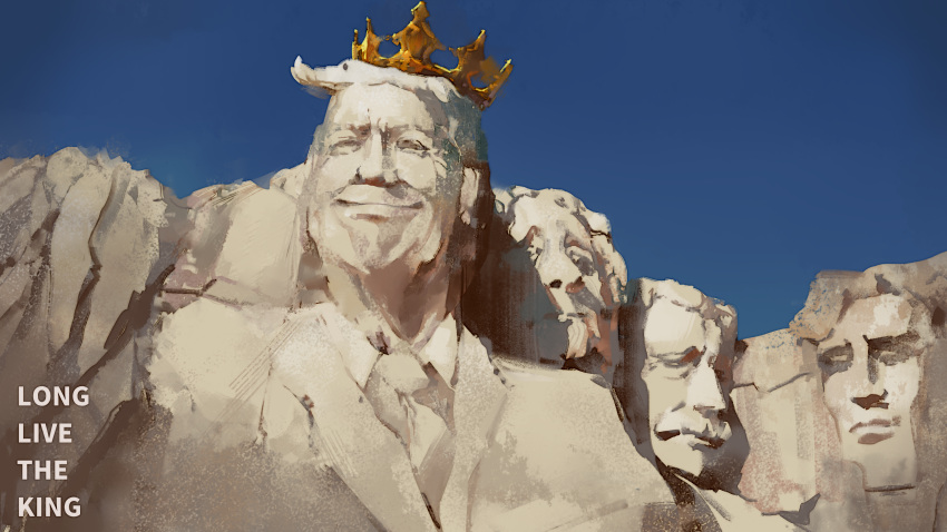 abraham_lincoln, absurdres, blue_sky, crown, day, donald_trump, english_text, highres