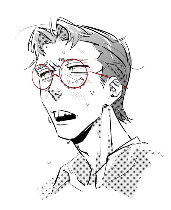 1boy, buck_teeth, crack, cracked_glass, freddy_riley, glasses, hair_slicked_back, headshot