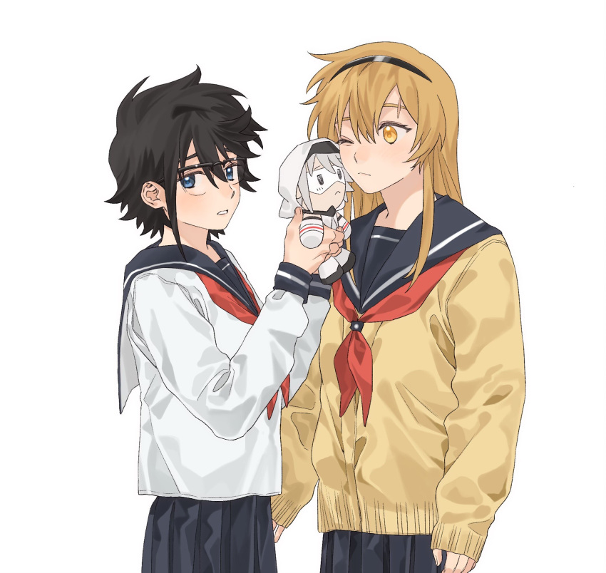 2girls, black_hair, black_headband, black_sailor_collar, black_skirt, blonde_hair, blue_eyes, cardigan