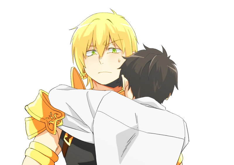 2boys, armlet, black_hair, blonde_hair, commentary_request, earrings, fate/grand_order, fate_(series)