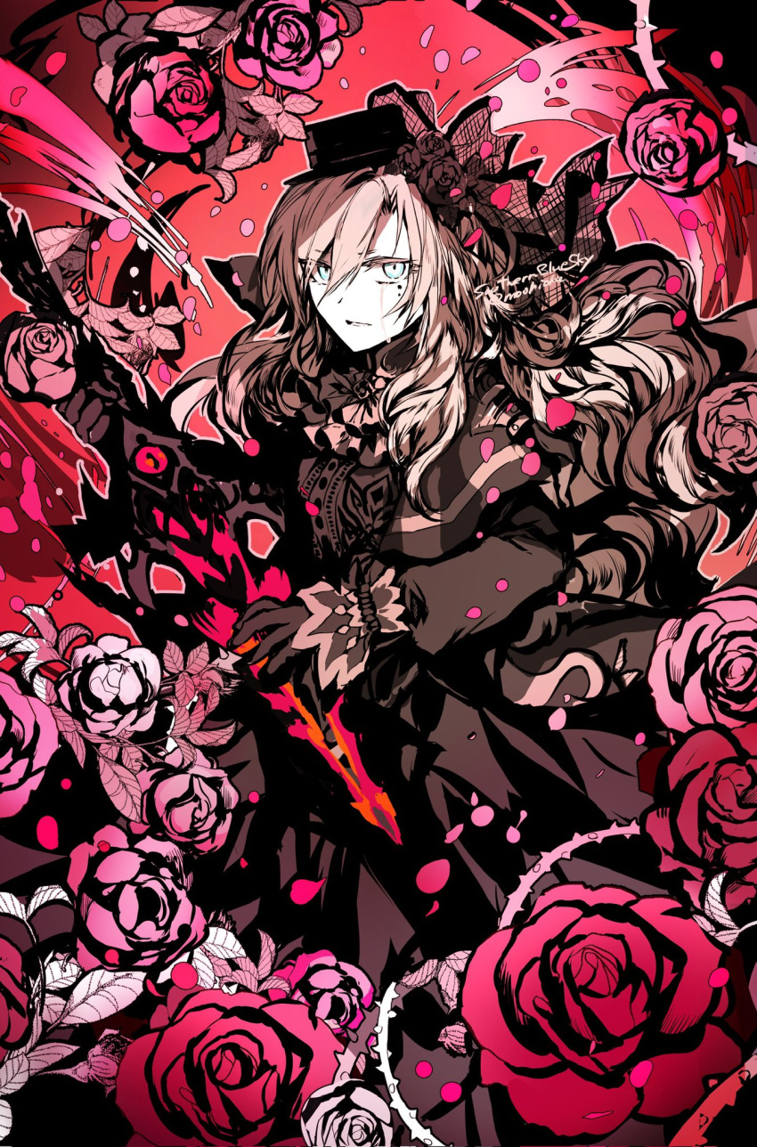 1girl, balmung_kriemhild_(fate), black_dress, black_hat, blue_eyes, crying, crying_with_eyes_open, dress