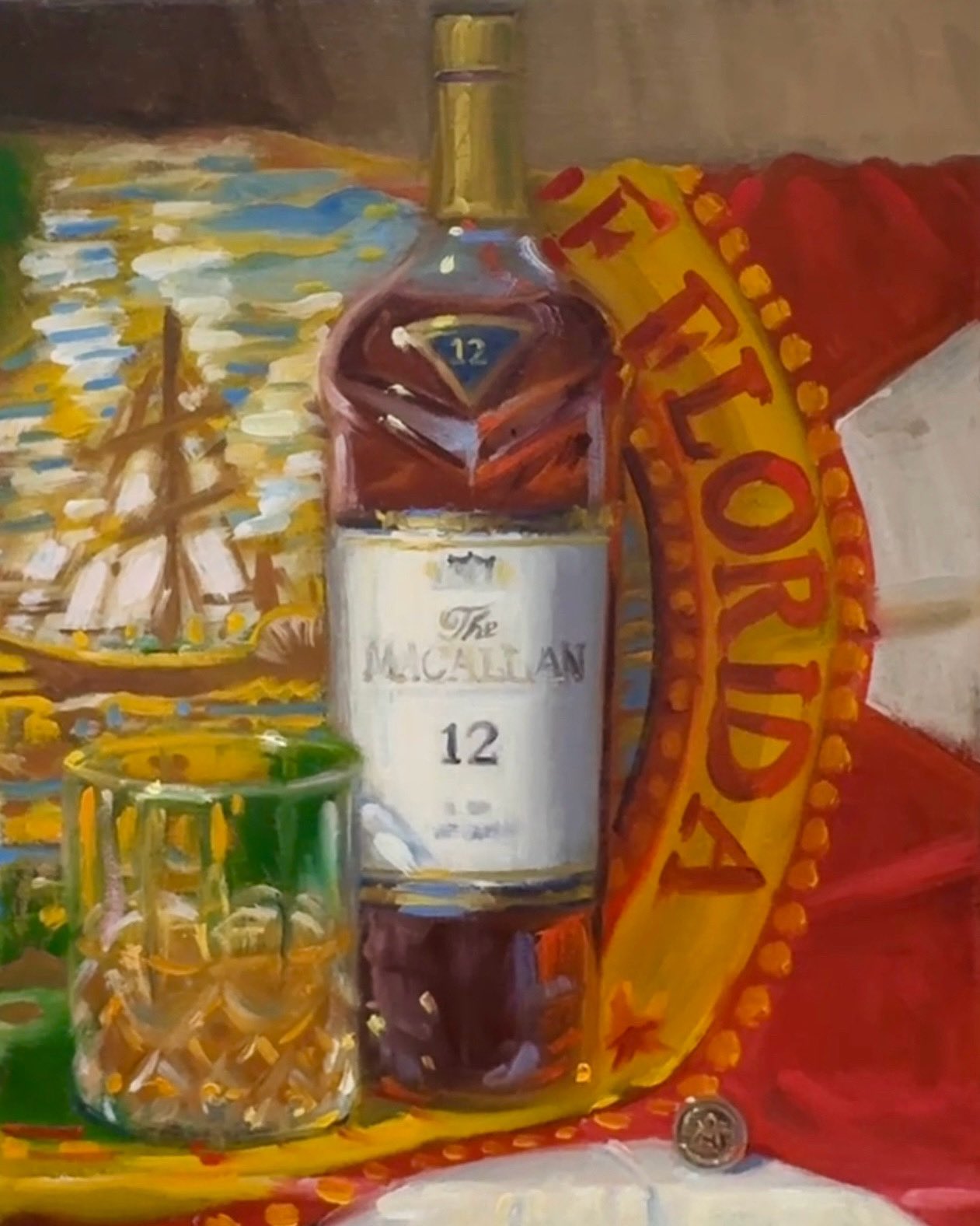 alcohol, bottle, cup, drink, drinking_glass, english_commentary, highres, macallan_12_(whisky), no_humans, noah_verrier, oil_painting_(medium), original, painting_(medium), still_life, traditional_media, whiskey, whisky_glass