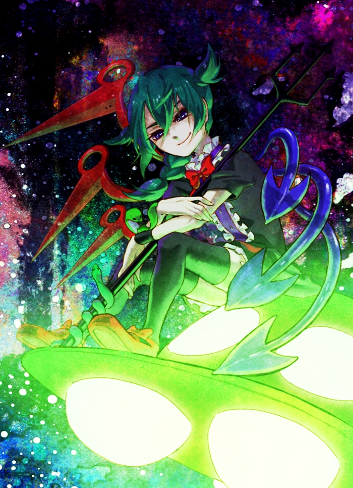 1girl, black_legwear, black_thighhighs, braid, cosplay, dress, green_hair, houjuu_nue