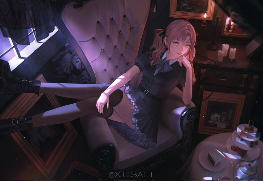 1girl, belt, belt_boots, black_belt, black_boots, black_nails, black_ribbon, black_thighhighs, blouse, blurry, blurry_foreground, book, boots, bow, bowtie, breasts, cake, candle, closed_mouth, commode, cross, cross_earrings, crossed_legs, cup, curtains, desk_lamp, ear_piercing, earrings, feet_out_of_frame, food, frilled_skirt, frills, fruit, full_body, grey_shirt, grey_skirt, hand_on_own_face, hand_on_own_leg, hashtag-only_commentary, highres, jewelry, lamp, light_particles, looking_to_the_side, medium_breasts, medium_hair, moonlight, on_chair, original, picture_frame, piercing, pink_hair, plant, plate, puffy_short_sleeves, puffy_sleeves, purple_bow, purple_bowtie, ribbon, ribbon_hair, see-through_curtains, shirt, short_sleeves, skirt, skull, solo, strawberry, table, tablecloth, teacup, teapot, thigh-highs, thighs, twintails, twitter_username, white_shirt, window, window_shadow, xiisalt, yellow_eyes