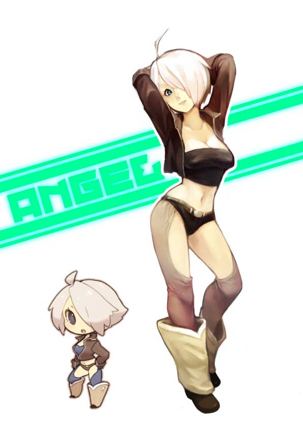 angel_(kof), belt, black_panties, blue_eyes, boots, breasts, chibi, cleavage