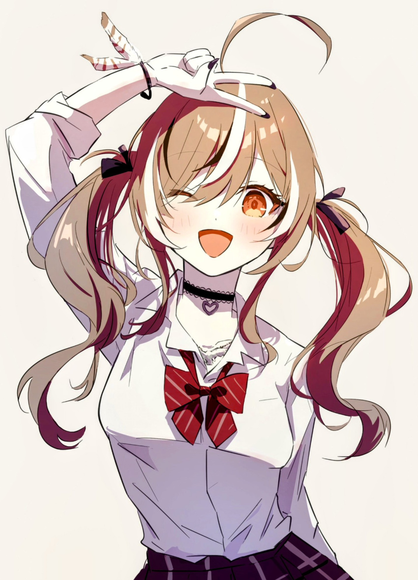1girl, :d, ahoge, arm_up, black_choker, black_nails, black_ribbon, bow, bowtie, brown_eyes, brown_hair, chain, chain_necklace, choker, dress_shirt, feathers, frilled_choker, frills, hair_ribbon, heart, heart_choker, highres, hololive, hololive_english, huge_ahoge, jewelry, looking_at_viewer, nanashi_mumei, necklace, official_alternate_hairstyle, one_eye_closed, plaid_clothes, plaid_skirt, red_bow, red_bowtie, ribbon, s_mizuki666, school_uniform, shirt, skirt, sleeves_rolled_up, smile, twintails, upper_body, v, virtual_youtuber, white_shirt