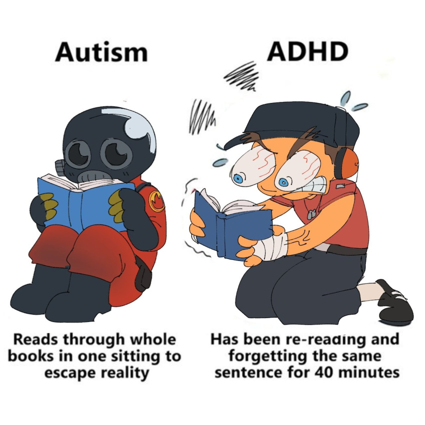 2boys, adhd_vs_autism_(meme), angry, chibi, english_text, gas_mask, highres, mask, meme, multiple_boys, pyro_(tf2), reading, red_pyro_(tf2), red_scout_(tf2), red_shirt, scout_(tf2), shirt, team_fortress_2, white_background, zhaundice