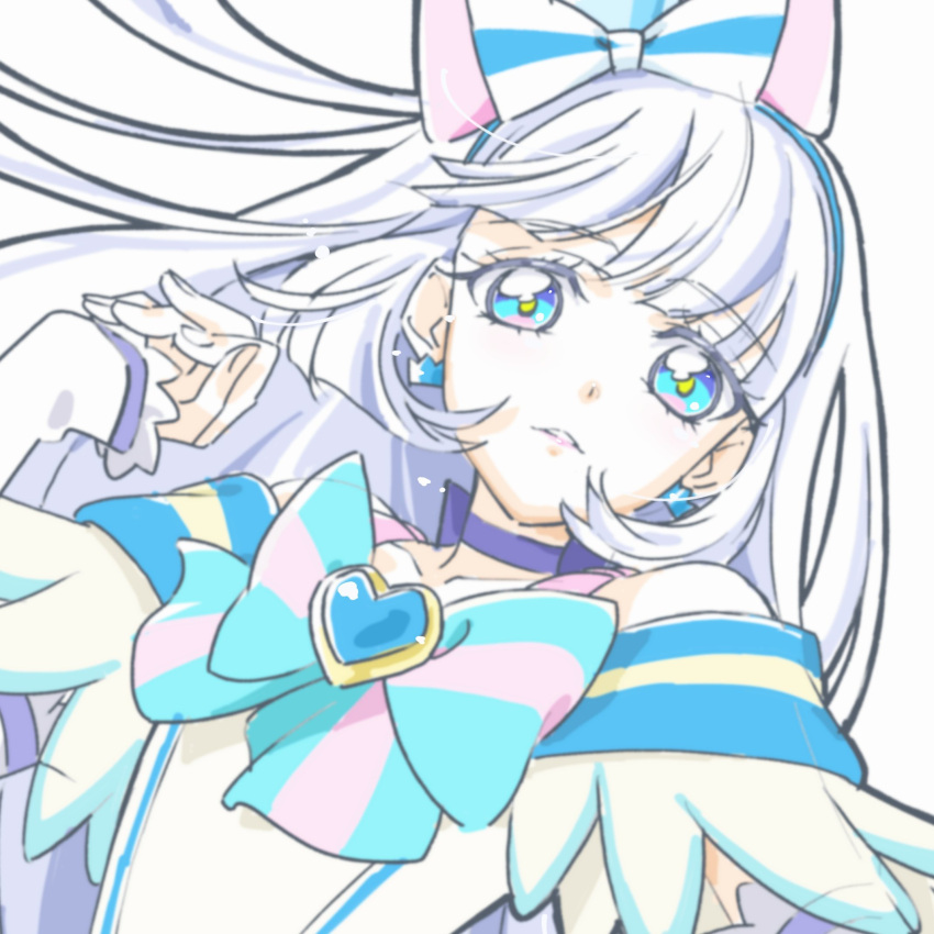 1girl, aqua_bow, aqua_bowtie, blue_choker, blue_eyes, blue_hairband, bow, bowtie, brooch, choker, crown_earrings, cure_nyammy, dress, earrings, hairband, heart, heart_brooch, highres, jewelry, long_hair, looking_at_viewer, magical_girl, nekoyashiki_yuki, off-shoulder_dress, off_shoulder, precure, solo, sugimoto_miho, white_background, white_dress, white_hair, wonderful_precure!