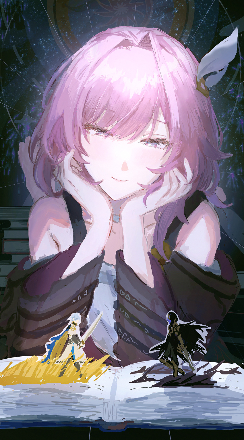 1girl, absurdres, book, cape, coat, commentary_request, cyrene_(honkai:_star_rail), dosukoi_tsukimiyama