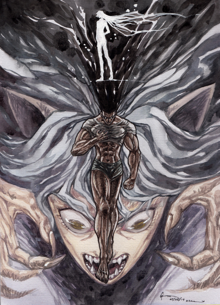 1boy, 1other, abs, absurdres, aged_up, alternate_form, animal_ears, barefoot