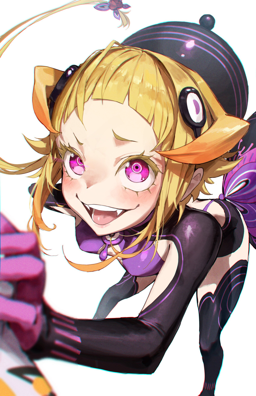 1girl, absurdres, blunt_bangs, blush, bodysuit, breasts, capella_emerada_lugnica, fangs