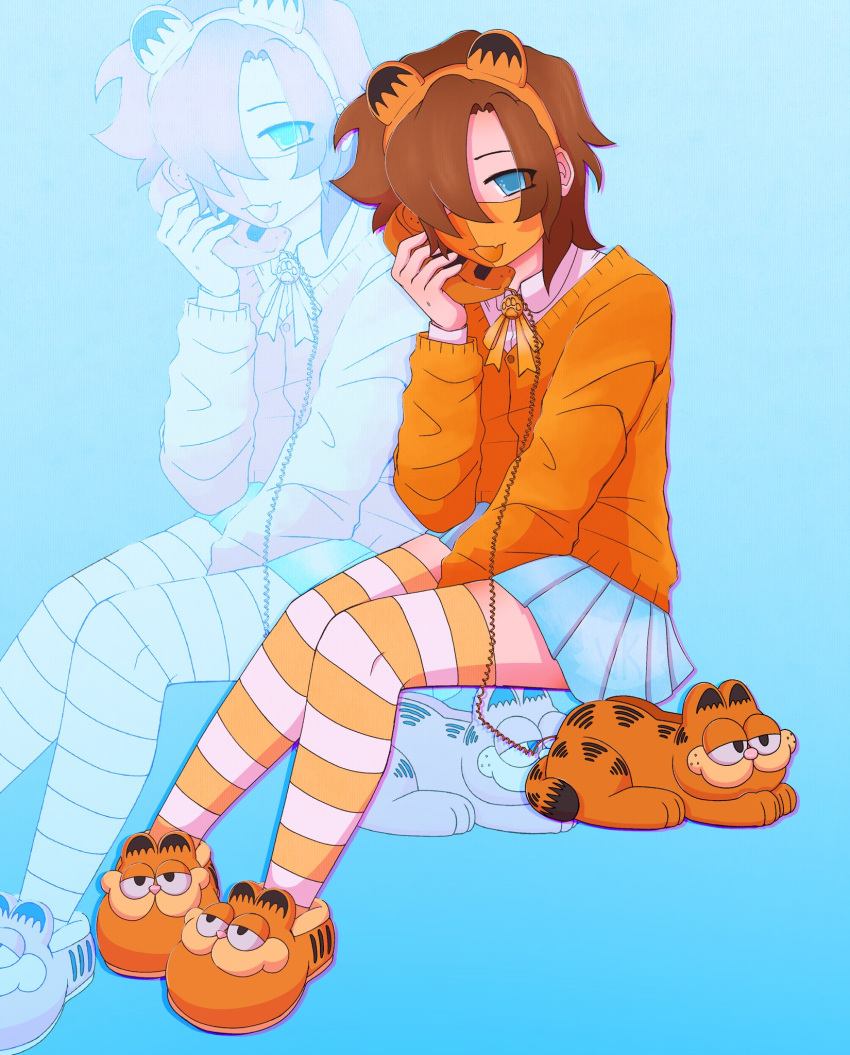 1other, 2000s_(style), alternate_costume, androgynous, animal_ears, blue_eyes, blue_skirt, brown_hair, cat_ears, cat_tail, commentary, cosplay, english_commentary, fake_animal_ears, garfield, garfield_(character), garfield_(character)_(cosplay), garfield_phone, hair_over_one_eye, hairband, highres, indie_virtual_youtuber, orange_sweater, other_focus, phone, ranboo, ranboo_(r800), short_hair, sitting, skirt, slippers, solo, striped_clothes, striped_thighhighs, sweater, tail, thigh-highs, viridiankit, virtual_youtuber, zoom_layer