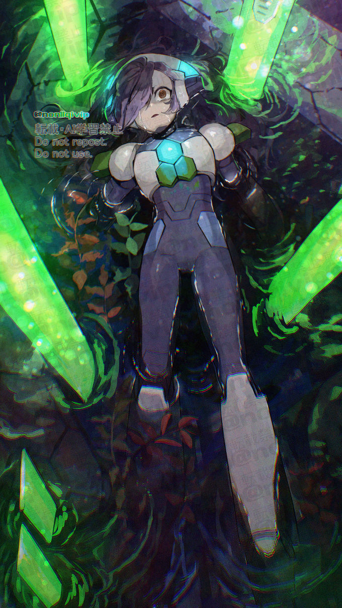 1other, android, chest_jewel, full_body, hair_over_one_eye, highres, lumine_(mega_man), mega_man_(series)