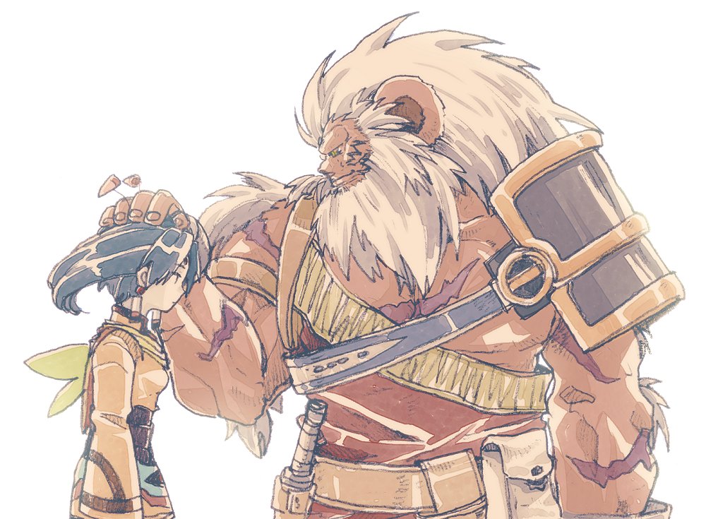 1boy, 1girl, blue_hair, breasts, closed_mouth, earrings, facial_mark, grandia, grandia_ii, jewelry, large_ears, long_hair, mareg_(grandia), michibata_65, muscular, muscular_male, scar, simple_background, single_shoulder_pad, smile, tio_(grandia), weapon, white_background, wide_sleeves, wings