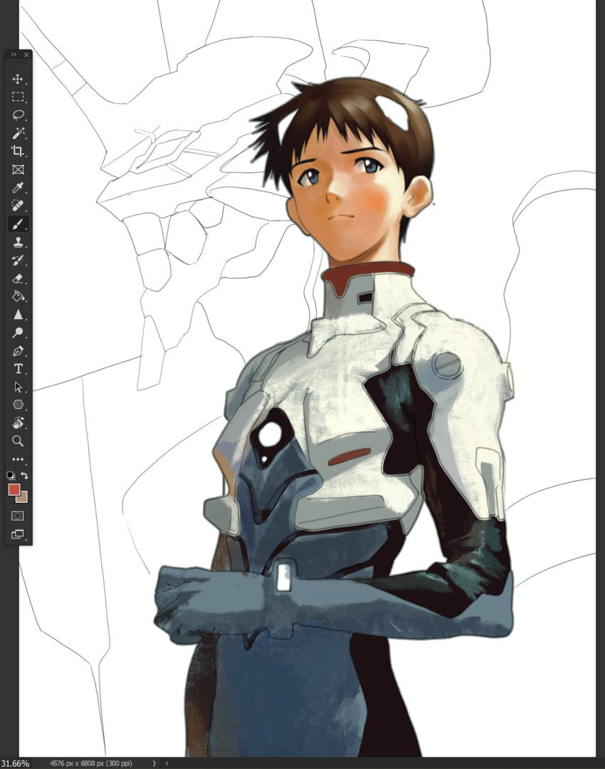 1boy, art_program_in_frame, bodysuit, evangelion_(mecha), highres, ikari_shinji, male_focus, mecha