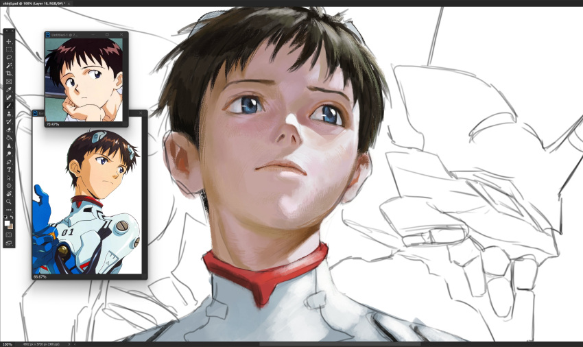 1boy, absurdres, art_program_in_frame, bodysuit, evangelion_(mecha), highres, ikari_shinji, male_focus