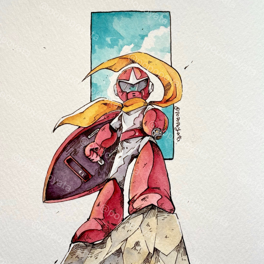1boy, aiming, aiming_at_viewer, arm_cannon, assault_visor, bodysuit, break_man, full_body, grey_bodysuit, helmet, highres, holding, holding_shield, mega_man_(classic), mega_man_(series), popopoyata, red_helmet, scarf, shield, solo, standing, weapon, yellow_scarf