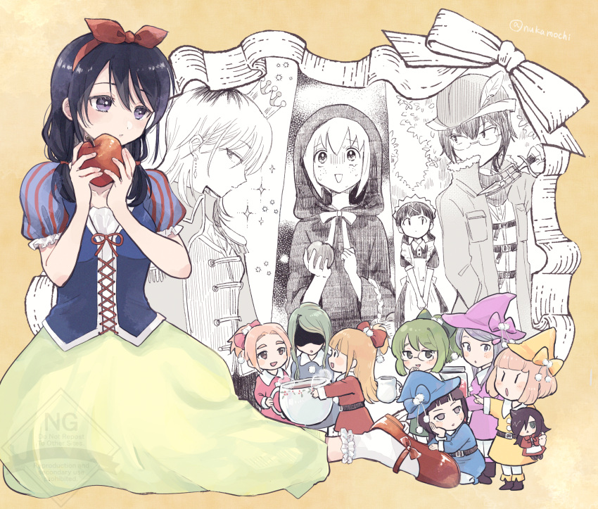 6+girls, alternate_costume, anna_(watamote), apple, apron, black_boots, black_hair, blonde_hair