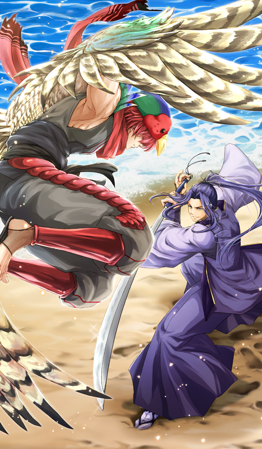 2boys, armpits, beach, bird_hat, commentary, curtained_hair, day, fate/grand_order, fate_(series), feathered_wings, fighting_stance, footprints, full_body, fuuma_kotarou_(fate), grey_pants, grey_shirt, hair_over_eyes, holding, holding_sword, holding_weapon, japanese_clothes, katana, kimono, long_hair, male_focus, midair, monohoshizao_(fate), multiple_boys, official_art, outdoors, pants, ponytail, purple_hair, purple_kimono, purple_pants, purple_shirt, red_hair, red_scarf, sandals, sasaki_kojirou_(fate), scarf, shirt, short_hair, sidelocks, socks, sword, tenma_otogizoushi_onigashima, third-party_source, two-handed, water, weapon, white_socks, wide_sleeves, wings