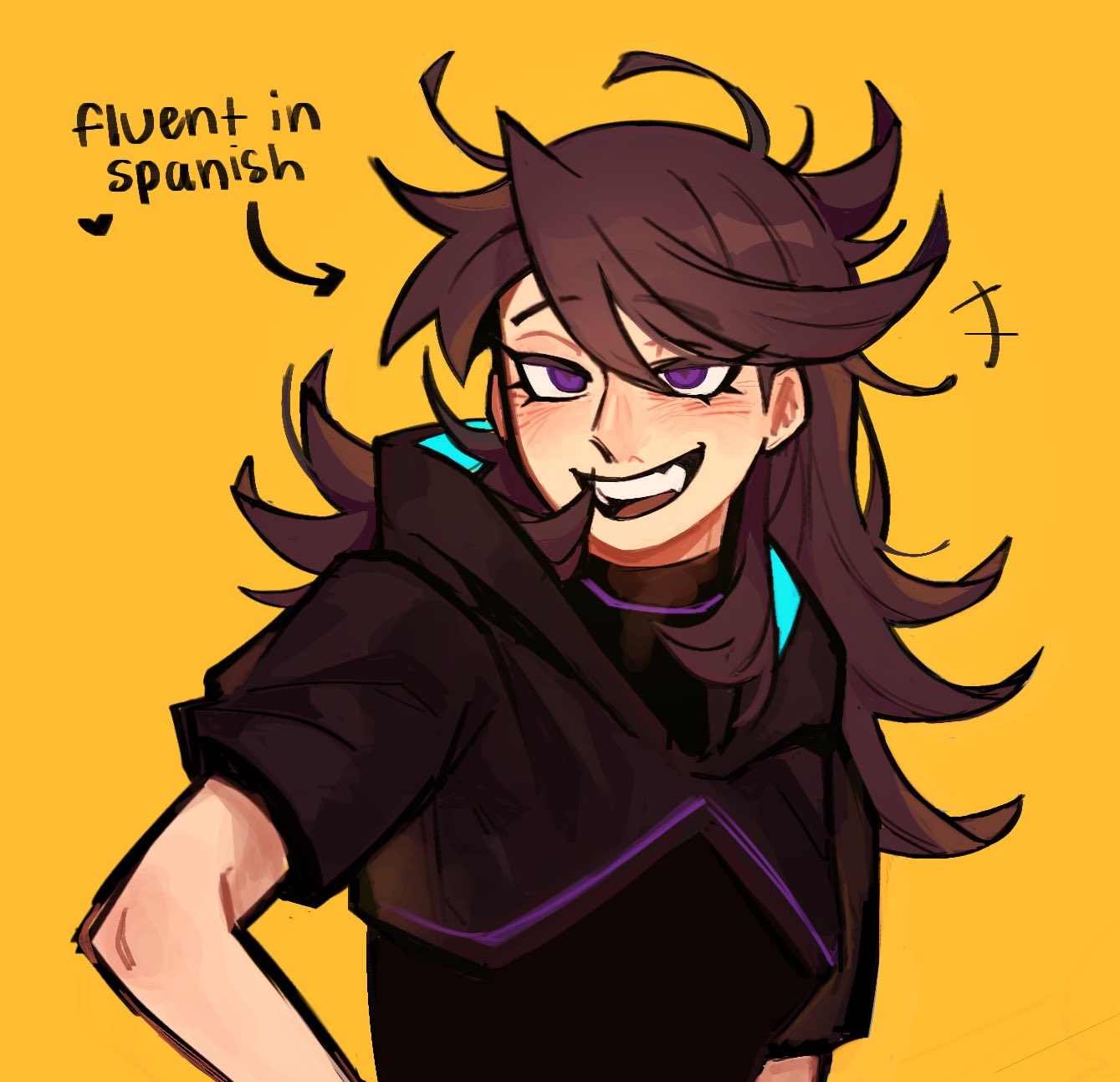 1girl, black_jacket, brown_hair, commentary, cropped_jacket, english_commentary, english_text, highres, hood, hood_down, indie_virtual_youtuber, jacket, jaiden_animations, jitome, kamiyouo, long_hair, looking_at_viewer, minecraft_youtube, open_mouth, quackity_smp, simple_background, solo, upper_body, violet_eyes, virtual_youtuber, yellow_background