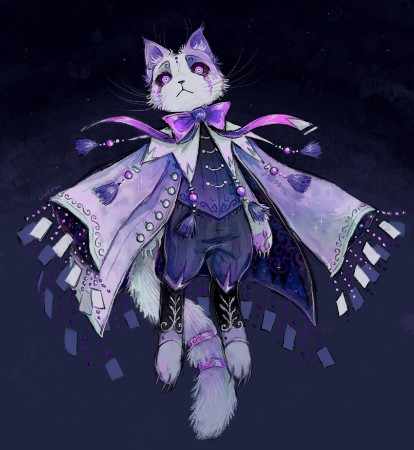 1boy, animal_ears, animal_feet, black_sclera, bow, bowtie, cape, cat_boy