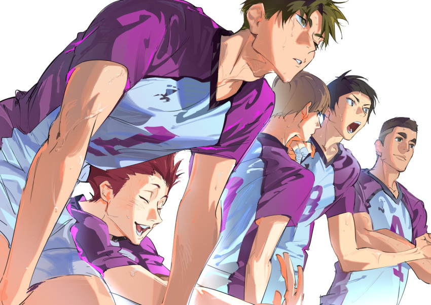 5boys, arm_up, atie1225, black_hair, blunt_bangs, brown_hair, clenched_hand, closed_eyes