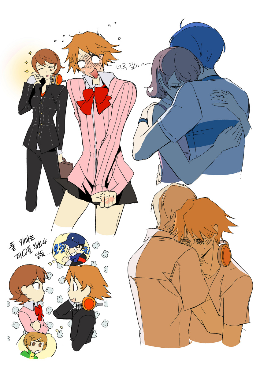 2girls, 4boys, absurdres, anger_vein, armband, babakun, bag, bare_shoulders