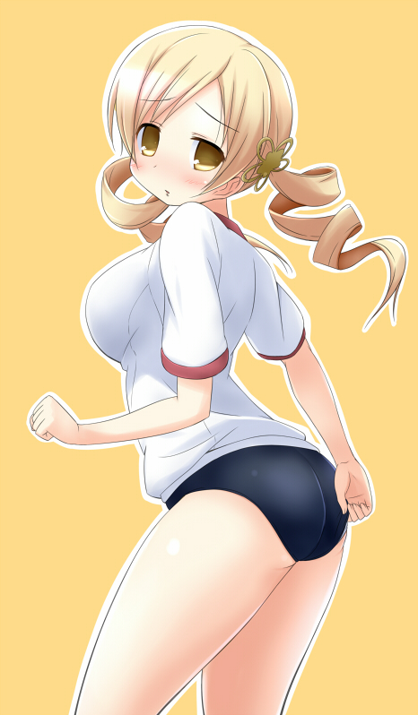 adjusting_buruma, arche.x, ass, blonde_hair, bloomers, blush, breasts, buruma, drill_hair, embarrassed, gym_uniform, hair_ornament, large_breasts, looking_at_viewer, looking_back, mahou_shoujo_madoka_magica, riki_(archf), simple_background, solo, tomoe_mami, twin_drills, uniform, yellow_eyes