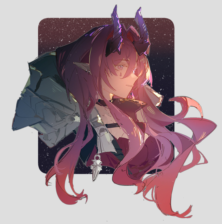 1girl, arknights, ascalon_(arknights), border, chinese_commentary, commentary_request, cropped_torso, ear_piercing