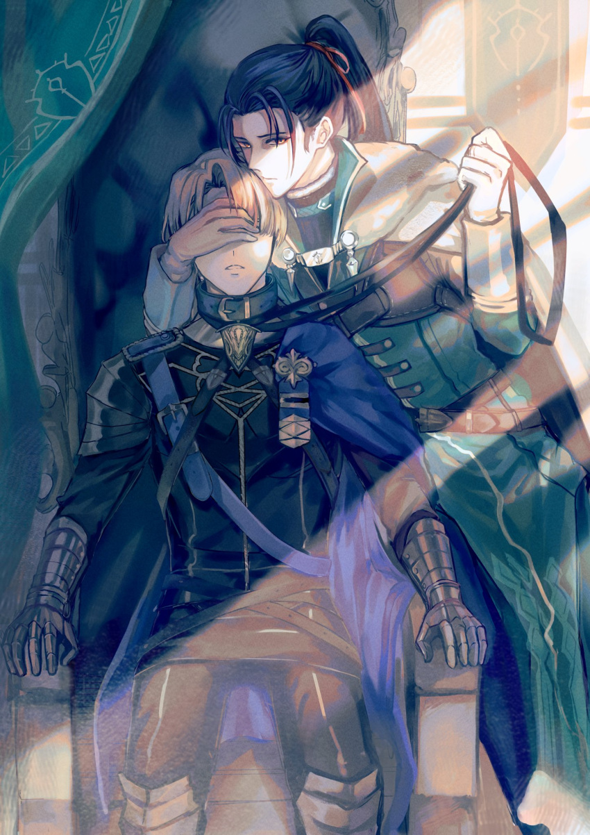 2boys, aqua_cape, aqua_tunic, arm_up, armor, armored_gloves, banner, belt, belt_buckle, black_hair, black_pants, blonde_hair, blue_belt, blue_cape, brown_belt, buckle, cape, chest_belt, closed_mouth, commentary_request, covering_another's_eyes, curtained_hair, curtains, dimitri_alexandre_blaiddyd, dot_nose, eman_(kkkkki_), feet_out_of_frame, felix_hugo_fraldarius, felix_hugo_fraldarius_(post_timeskip), fire_emblem, fire_emblem:_three_houses, fur-trimmed_cape, fur_trim, garreg_mach_monastery_uniform, gloves, hair_ribbon, highres, holding, holding_leash, leash, light_rays, long_hair, long_sleeves, looking_to_the_side, male_focus, multiple_boys, open_collar, orange_eyes, pants, parted_lips, pauldrons, ponytail, red_ribbon, ribbon, school_uniform, short_hair, shoulder_armor, side_cape, sideways_glance, single_pauldron, sitting, sitting_on_throne, standing, sunbeam, sunlight, teeth, throne, time_paradox, tunic, white_gloves