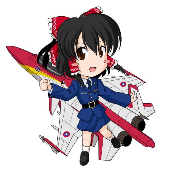 airplane, black_hair, blush_stickers, hair_ornament, hair_ribbon, hakurei_reimu, hinate, jet