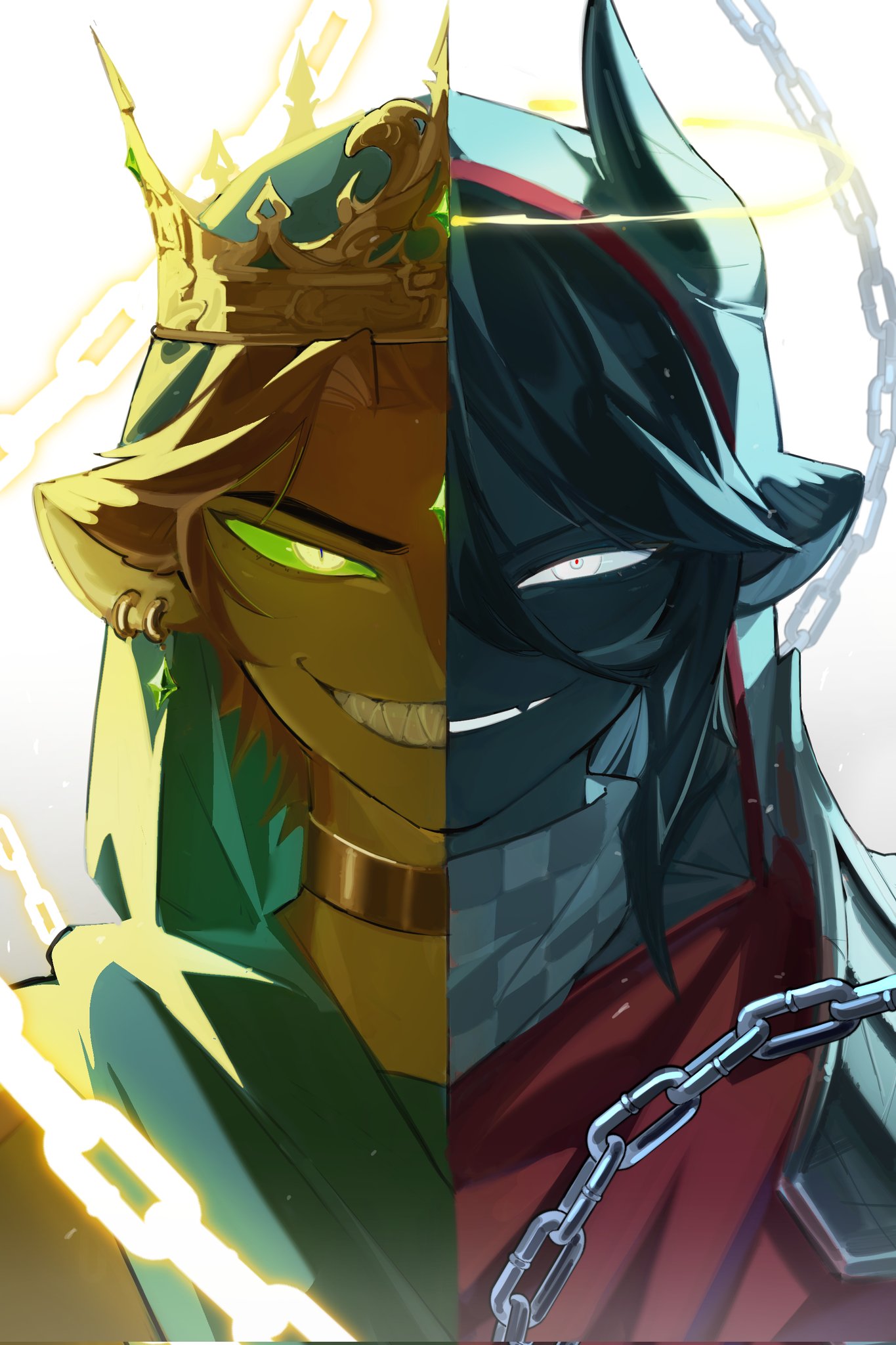 2boys, animification, badboyhalo, black_hair, black_skin, chain, colored_skin, commentary