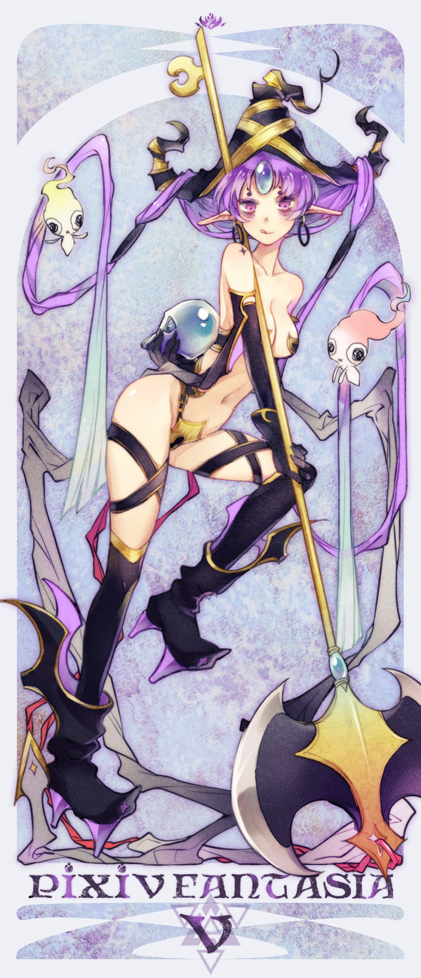 battle_axe, breasts, cleavage, collarbone, earrings, elbow_gloves, gloves, hat