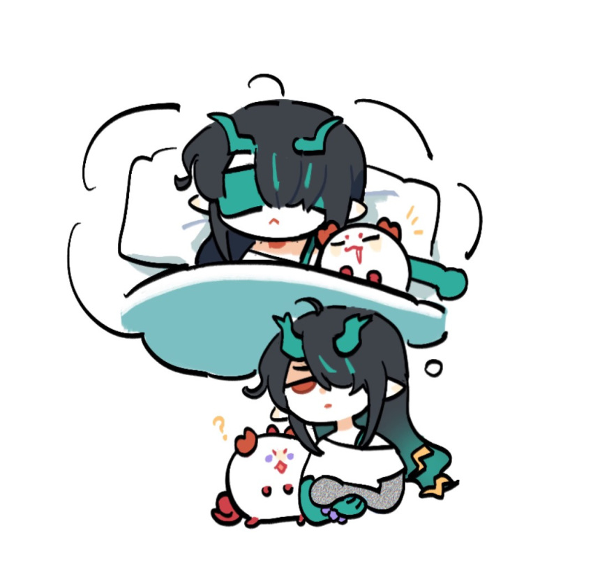 1girl, :<, ?, arknights, black_hair, blindfold, chibi, chibi_only