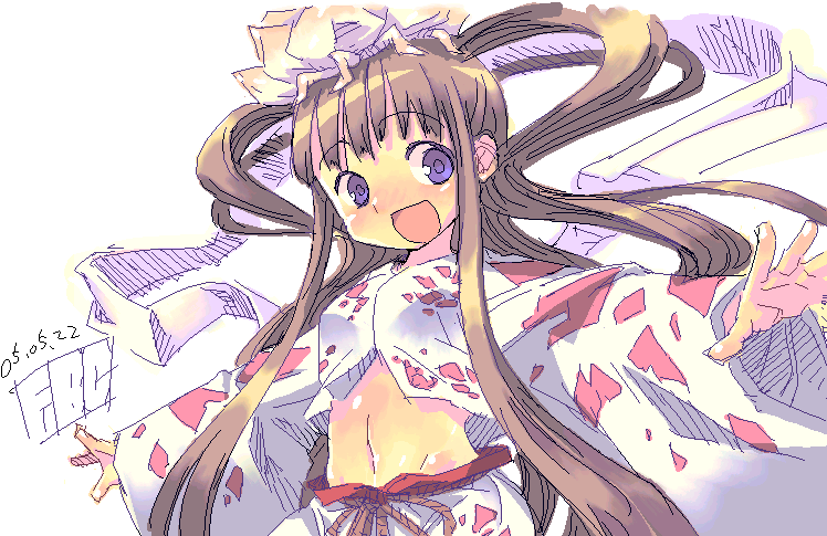 1girl, 2005, :d, artist_name, blue_eyes, breasts, brown_hair, commentary_request, dated, evil_nymph, fbc, flower, flower_hat, groin, hagoromo, jaggy_lines, long_hair, long_sleeves, lotus, medium_breasts, navel, open_mouth, outstretched_arms, ragnarok_online, shawl, simple_background, smile, solo, spread_arms, very_long_hair, white_background, white_flower, white_shawl, wide_sleeves