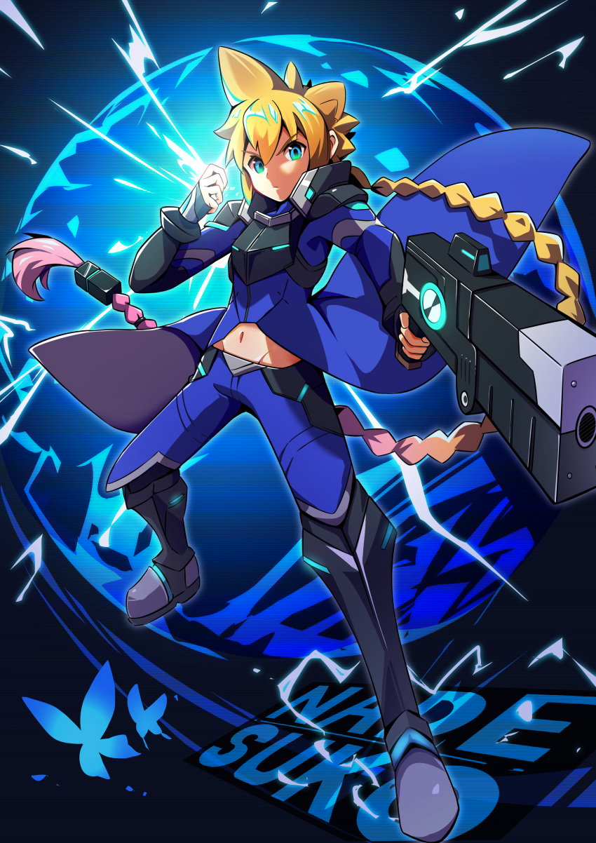 1boy, absurdres, azure_striker_gunvolt, azure_striker_gunvolt_2, black_background, blonde_hair, blue_coat, blue_eyes