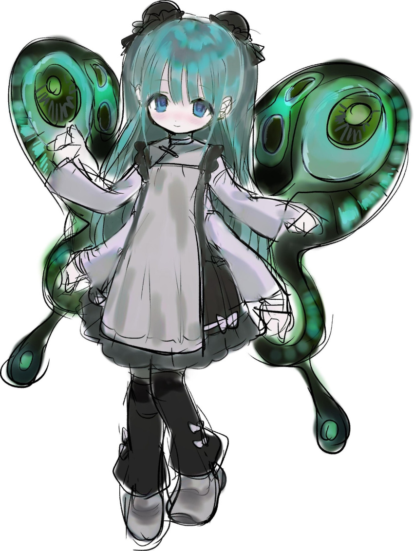 1girl, arthropod_girl, black_dress, blue_eyes, blue_hair, bun_cover, butterfly_girl, butterfly_wings