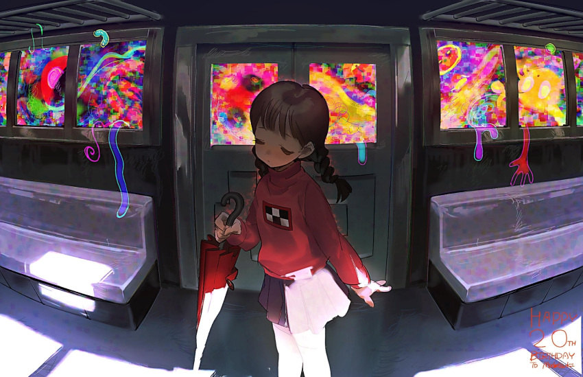 1girl, braid, brown_hair, closed_eyes, cowboy_shot, hand_up, highres, holding